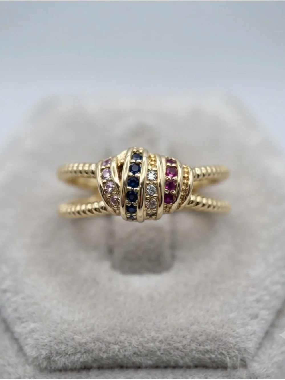 Gold Multi-Stone Ring with Blue, Pink and Clear Accents
